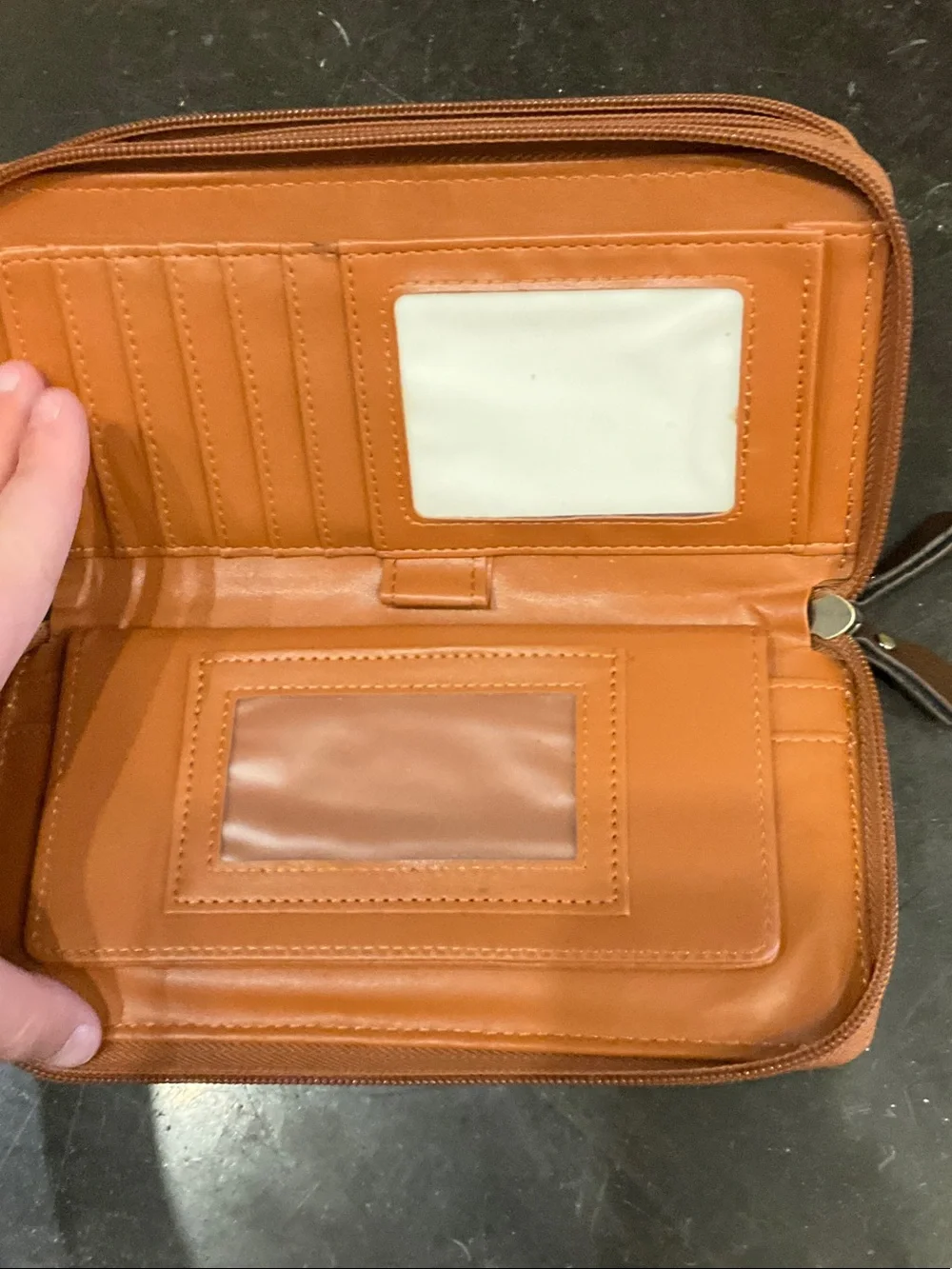 Two-Tone Leather Zip Wristlet Wallet in Tan and Dark Brown